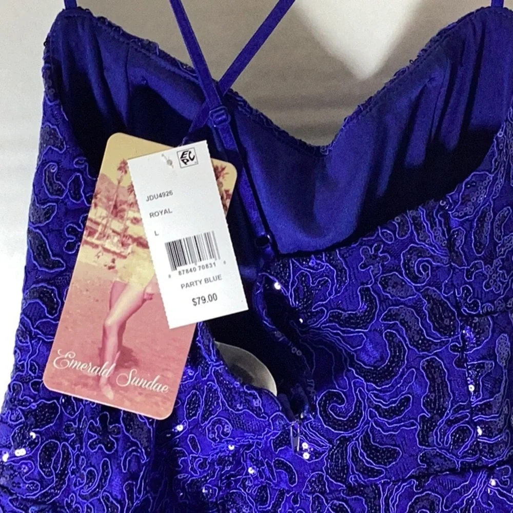 Embroidered Sequin Square Neck Spaghetti Strap Criss Cross Back Fit & Flare - Picture 9 of 10